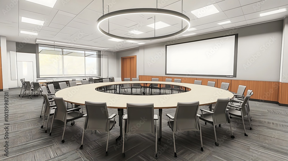 Poster a modern conference room with a large round table and chairs, a projector screen, and a large window
