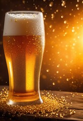 captivating close frosty beer glass glimmering under radiant light perfect beverage, amber, lager, refreshing, drink, fizzy, bubbles, condensation