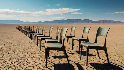 Row of uniquely shaped iron chairs lines barren desert ground, casting sharp shadows under intense sunlight. The clear blue sky contrasts with dramatic clouds, adding tension to isolated, arid scene.