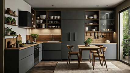 Modern, compact modular kitchen with sleek slate gray cabinetry & buff walls. Large window provides natural light, while kitchen trolley, wall shelf, minimalist dining setup enhance space efficiency.