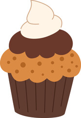 Cute Halloween muffin with chocolate and whipped cream. Festive cupcake in cartoon cute style. White background.