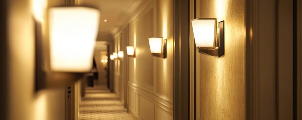 A luxury hotel corridor with motion-sensor wall sconces that light up softly as guests walk by, guiding them gently to their rooms