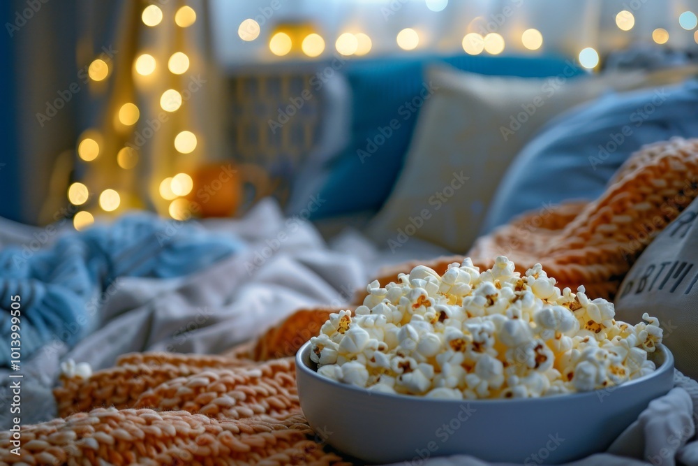 Aufkleber a comfortable bedroom setup features a large bowl of popcorn amidst colorful blankets and glowing fa