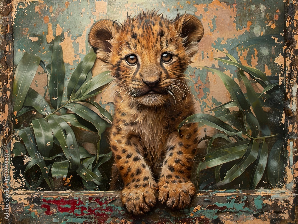 Wall mural Adorable Leopard Cub Peeking Through Jungle Leaves