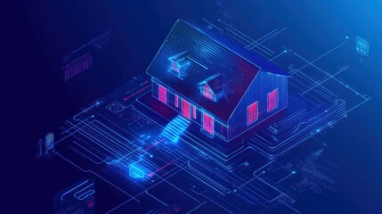 Isometric smart home concept Private house formed by digital codes with IoT technology for cyber safety A digital protection banner for smart home systems