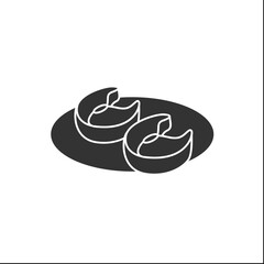 Healthy food glyph icon. Roasted salmon slices on a plate. Organic meals.Baby food concept. Filled flat sign. Isolated silhouette vector illustration