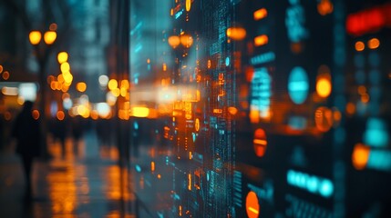 An abstract digital interface with glowing lights and data streams superimposed over an out-of-focus city street at night.