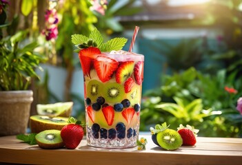 vibrant refreshing colorful iced drink garnished fresh fruits decorative elements bright inviting summer beverage, refreshment, tropical, cocktail, sweet