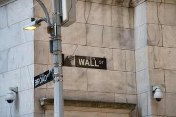 Iconic Wall Street Sign with Blurred Financial District Background