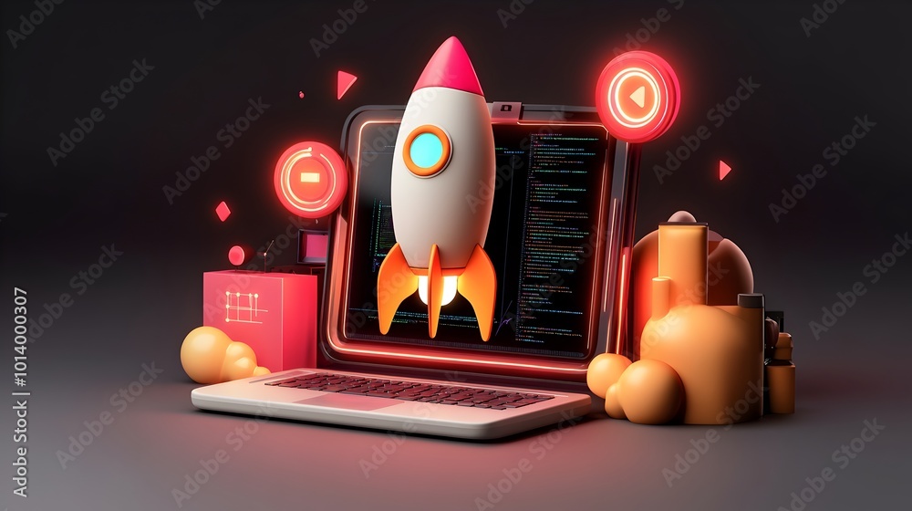 Poster 3d rendered startup imagery featuring a sleek laptop surrounded by a dynamic rocket icon immersive p