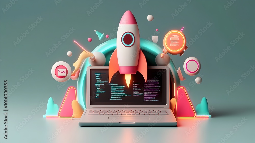 Poster 3d rendered startup imagery featuring a sleek laptop surrounded by a dynamic rocket icon immersive p