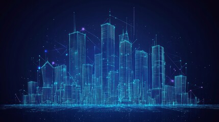 Lowpoly 3D wire mesh of a smart city An intelligent building automation system concept with binary code data flow showcasing technology in urban architecture