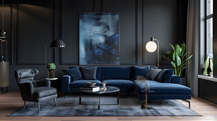 Dark blue sofa and recliner chair in Scandinavian apartment