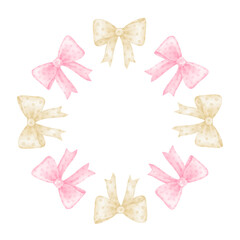 gold and pink speckled bows. Watercolor round frame on white background for textile, wrapping paper. Cute children's illustration in pastel colors