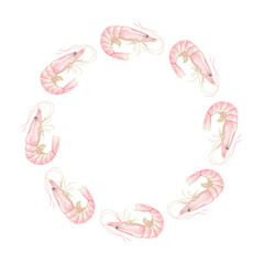 shrimp. Watercolor round frame on white background for textile, wrapping paper. Cute children's illustration in pastel colors