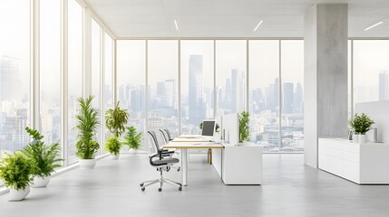 Fototapeta premium Modern office workspace with large windows and white furniture, minimalist style, concrete floor, and cityscape background