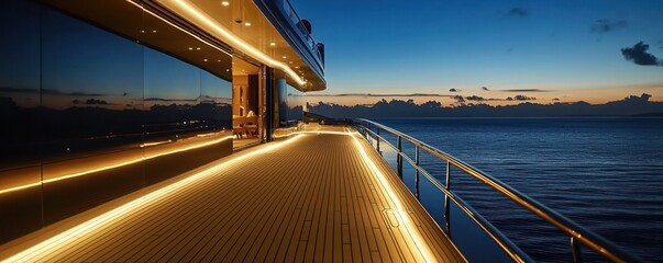 A luxury yacht deck at night, equipped with soft, recessed LED lighting along the edges, enhancing the nautical ambiance and safety for guests