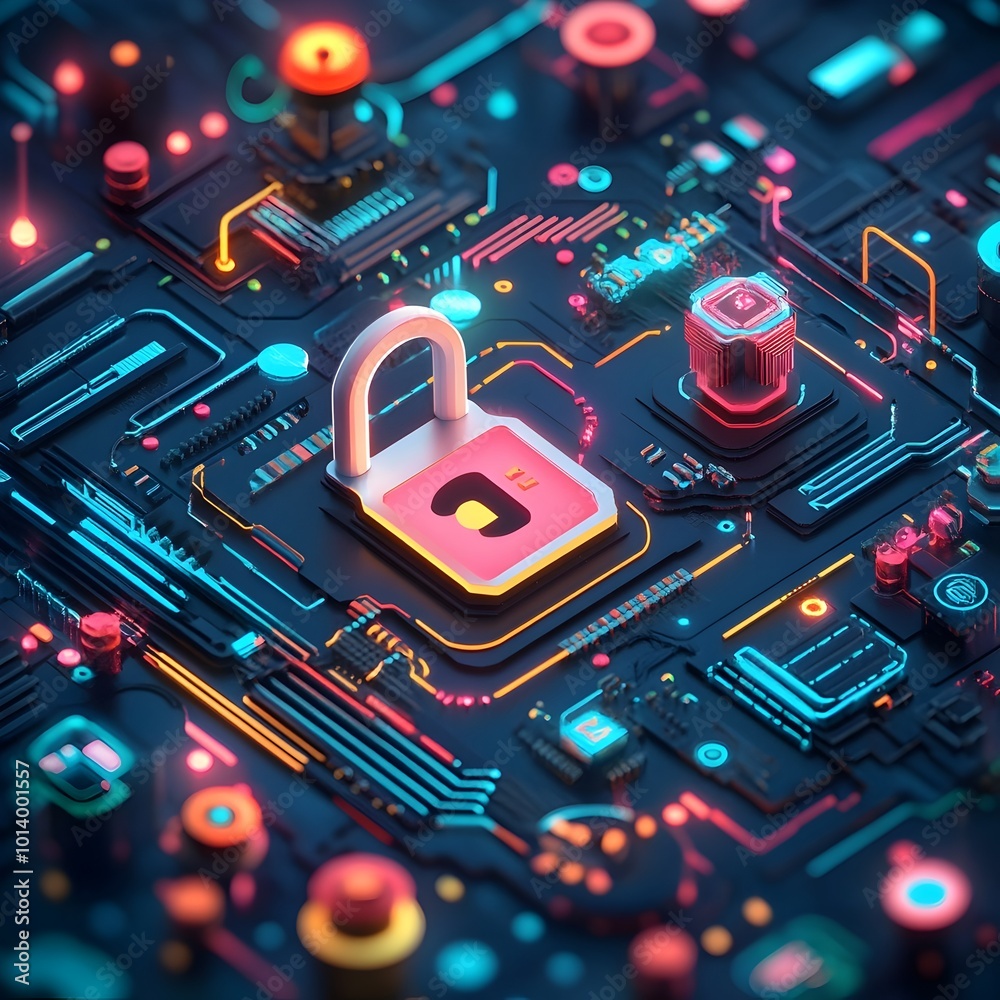 Poster padlock icon symbolizing data protection and cybersecurity embedded within a complex circuit board t