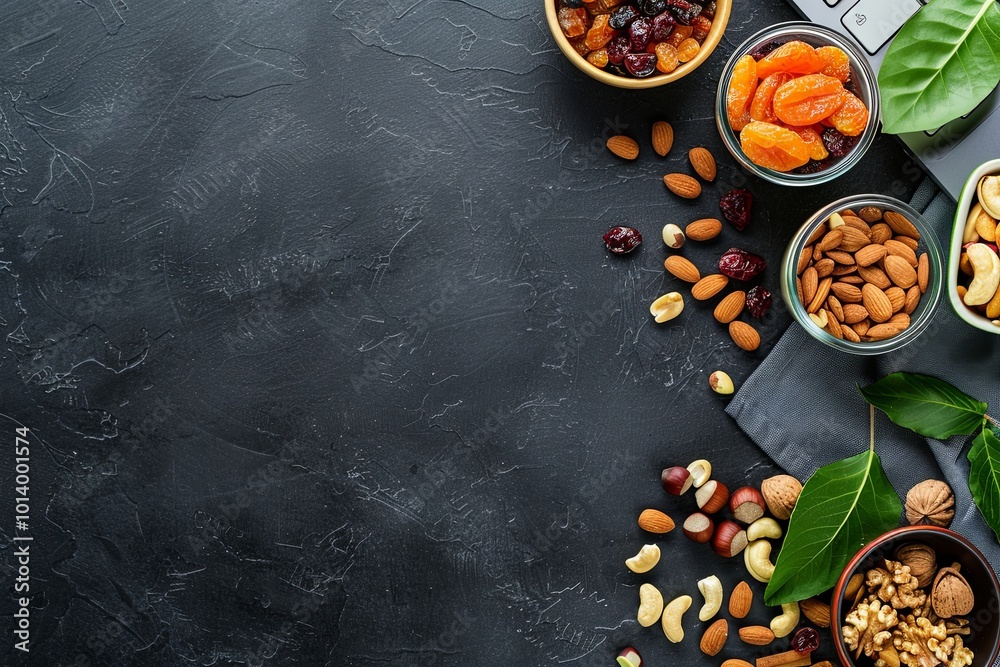 Poster a colorful assortment of dried fruits and nuts is beautifully displayed on a dark surface, perfect f