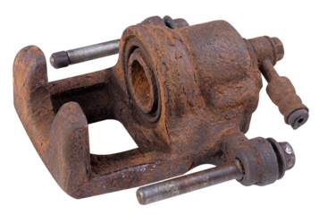 Old rusty passenger car brake caliper. Isolated background.