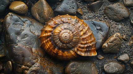 Nautilus shell in closeup, showcasing its iconic spiral pattern. The shell's geometric design is a stunning piece of nature's art.