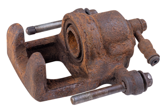 Old rusty passenger car brake caliper. Isolated background.
