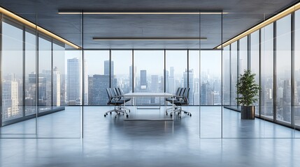 Modern open office space with a glass-walled meeting room, large windows, gray flooring, and an urban cityscape background