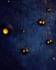 cartoon Halloween spiders with glowing eyes