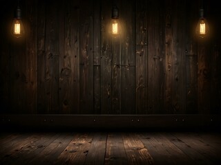 A dark wooden backdrop with vintage lighting for text space.