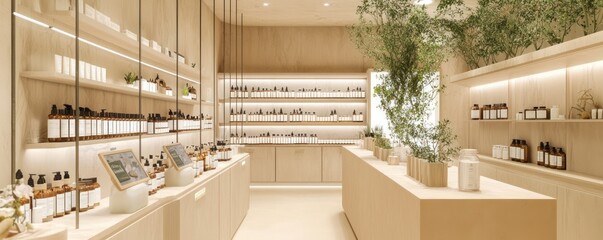 Fototapeta premium A modern apothecary with a clean, minimalist design, walls lined with herbal products, and interactive stations for custom skincare blends