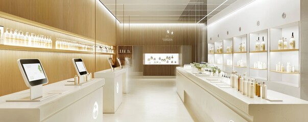A modern apothecary with a clean, minimalist design, walls lined with herbal products, and interactive stations for custom skincare blends