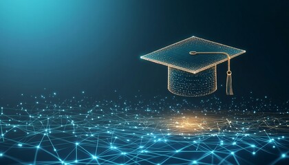 Futuristic abstraction of a graduation cap representing the evolution of education in a digital age exploring new horizons of learning and achievement