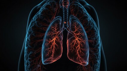 A detailed lung, with the left lung slightly larger, illuminated against a dark background.