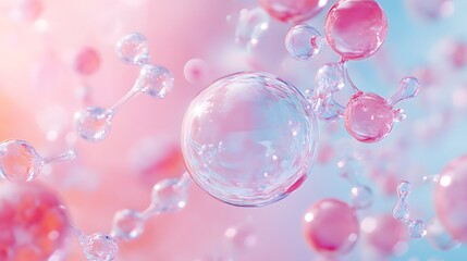 Molecule inside a transparent liquid bubble on a soft background, representing a skincare cosmetics solution