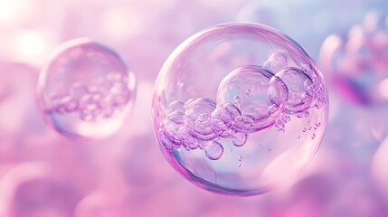 Molecule inside a transparent liquid bubble on a soft background, representing a skincare cosmetics solution