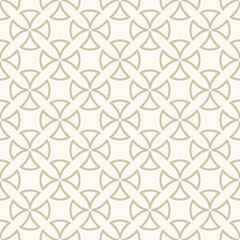 Abstract geometric seamless pattern. Antique vector ornament texture with curved shapes, rounded crosses, leafs. Elegant white and gold background in gothic style with medieval motifs. Repeated design