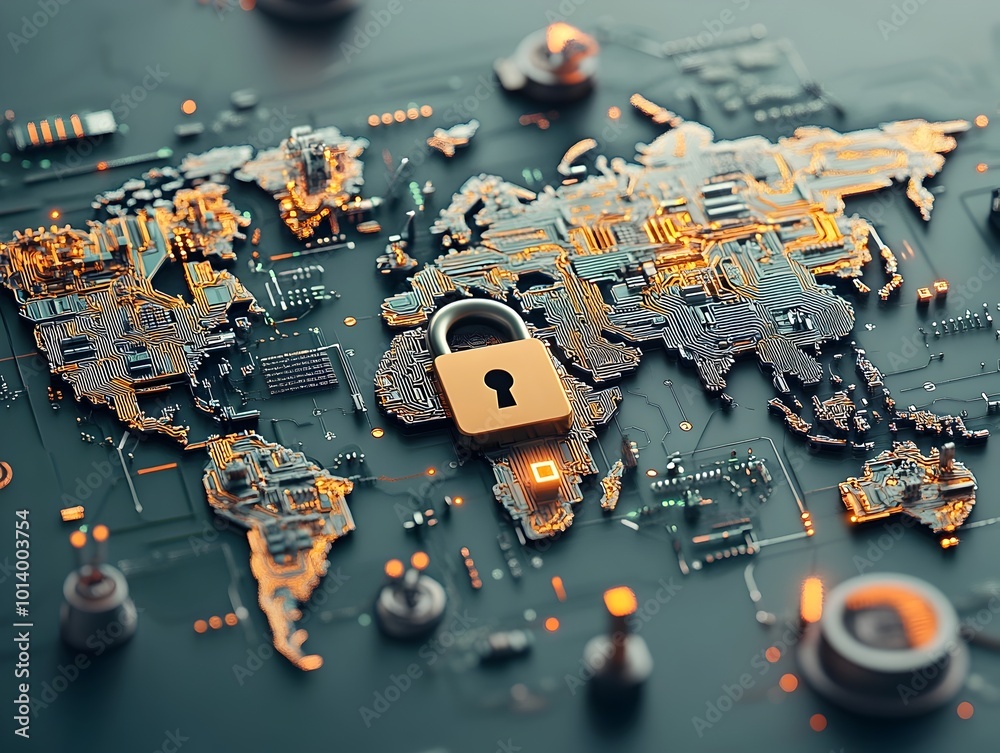 Poster secure global digital infrastructure with locked world map and circuit traces a futuristic high tech