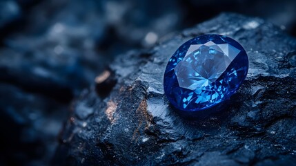 Natural blue sapphire on a blue-black background, highlighting the gemstone's vivid color, brilliance, and intricate facets, creating a striking visual contrast
