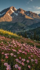 A field of pink wildflowers with a mountain range in the background.