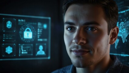 A friendly cybersecurity tech portrait shows a glowing holographic interface.