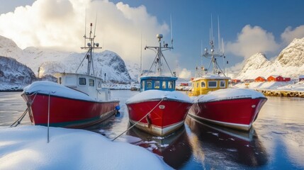 Colorful fishing boats docked in a snowy harbor during winter