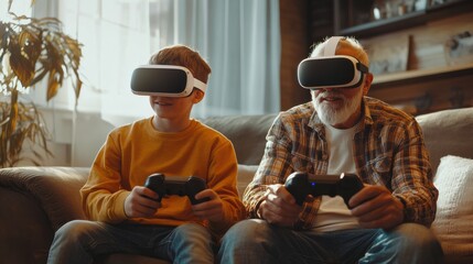 Grandfather and grandson enjoying virtual reality gaming at home