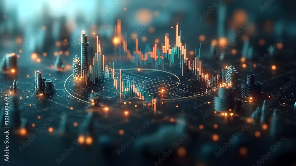 Poster macro close up of a dynamic market investment trading chart displayed in shimmering blue hues analyz