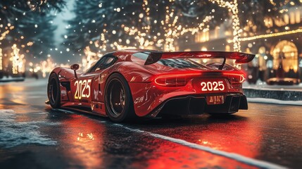 Sleek Red Supercar Parked on a Festive City Street with 2025 Illuminated Lights