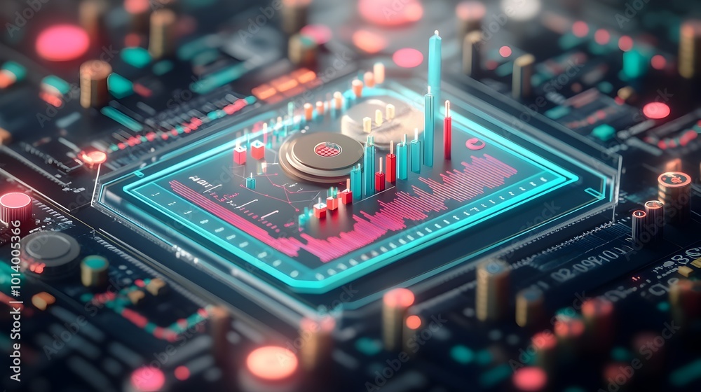 Poster extreme close up macro shot of a blue market investment chart meticulously analyzing data with candl