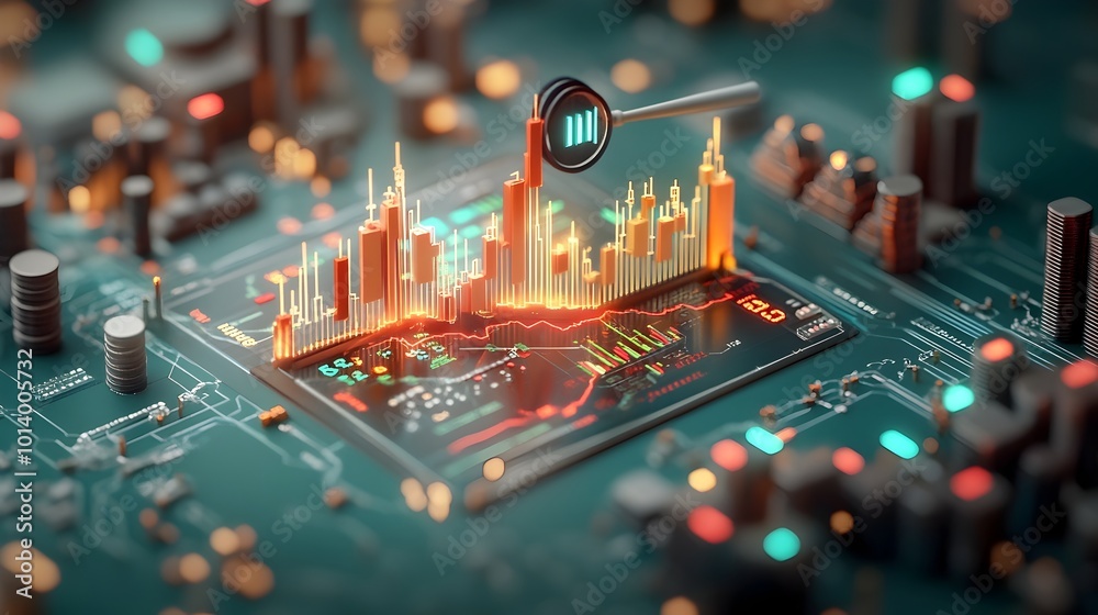 Poster detailed macro image showcasing the intricate details of a dynamic market chart deep dive into compr