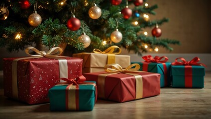 A group of gifts is arranged under a Christmas tree lit with lights.
