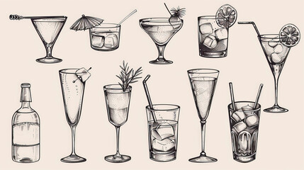 This collection showcases a variety of drink and alcohol icons, including cocktails, beer, and soft drinks, illustrated in a sophisticated  style, perfect for design projects