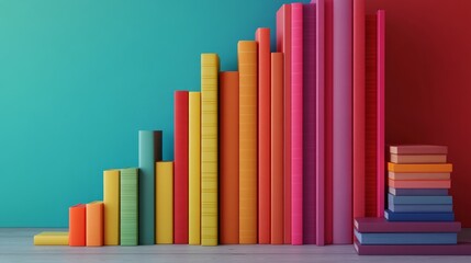 Colorful books arranged in a staircase shape against a teal and red wall.