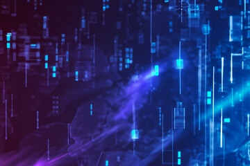Obraz premium A futuristic digital abstract background with glowing blue and purple lines, ideal for technology-themed designs, websites, or presentations related to innovation and data.